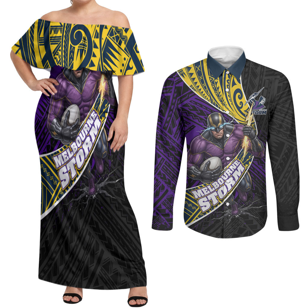 Melbourne Storm Rugby Couples Matching Off Shoulder Maxi Dress and Long Sleeve Button Shirt Tribal Polynesian Power Art - Lightning Mascot