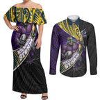 Melbourne Storm Rugby Couples Matching Off Shoulder Maxi Dress and Long Sleeve Button Shirt Tribal Polynesian Power Art - Lightning Mascot