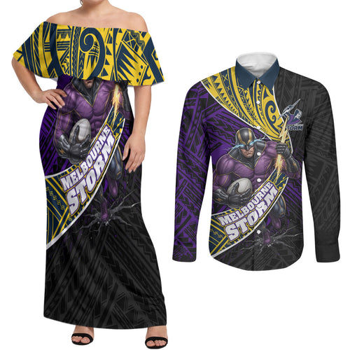 Melbourne Storm Rugby Couples Matching Off Shoulder Maxi Dress and Long Sleeve Button Shirt Tribal Polynesian Power Art - Lightning Mascot