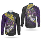 Melbourne Storm Rugby Couples Matching Off Shoulder Maxi Dress and Long Sleeve Button Shirt Tribal Polynesian Power Art - Lightning Mascot