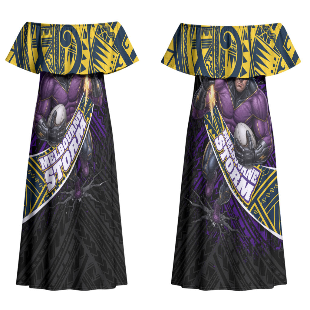 Melbourne Storm Rugby Couples Matching Off Shoulder Maxi Dress and Long Sleeve Button Shirt Tribal Polynesian Power Art - Lightning Mascot