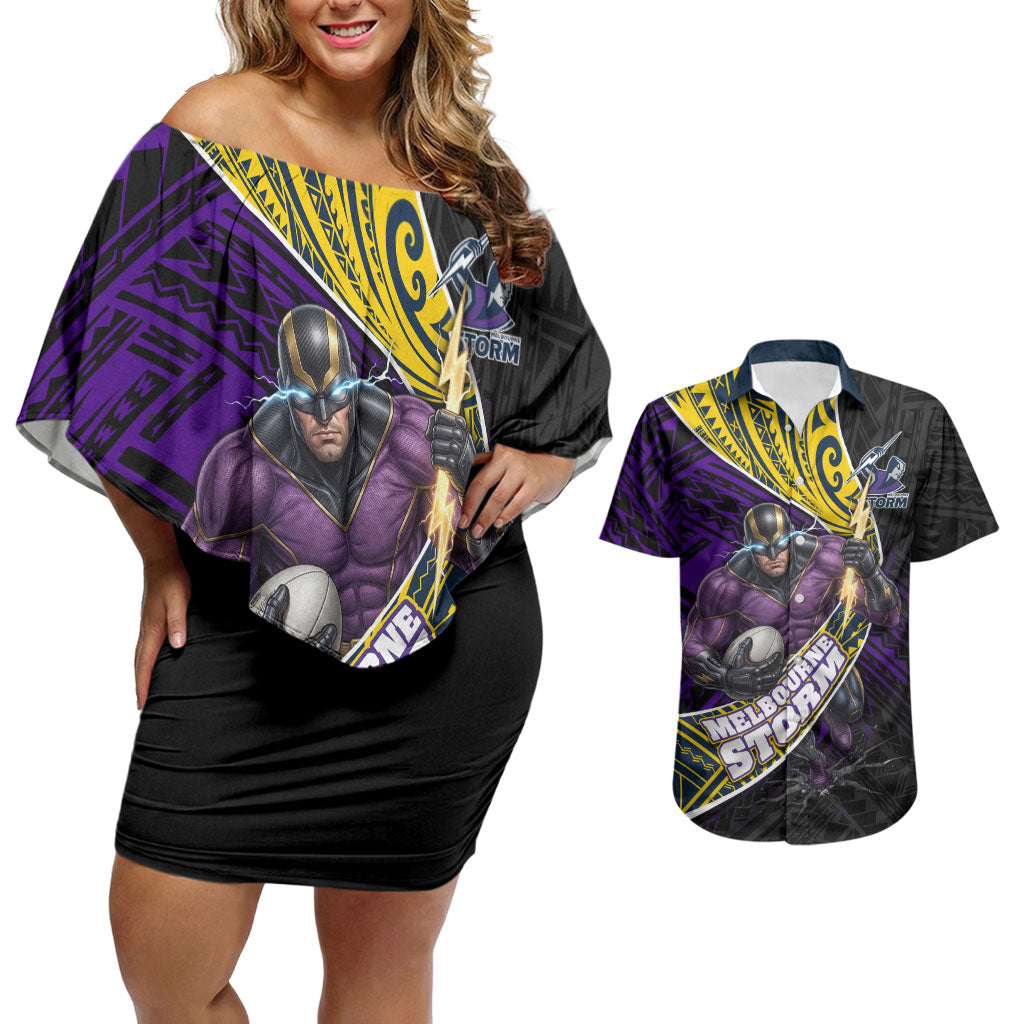 Melbourne Storm Rugby Couples Matching Off Shoulder Short Dress and Hawaiian Shirt Tribal Polynesian Power Art - Lightning Mascot