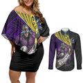 Melbourne Storm Rugby Couples Matching Off Shoulder Short Dress and Long Sleeve Button Shirt Tribal Polynesian Power Art - Lightning Mascot