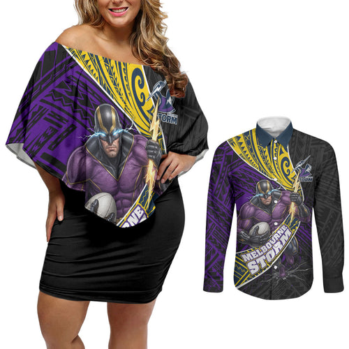 Melbourne Storm Rugby Couples Matching Off Shoulder Short Dress and Long Sleeve Button Shirt Tribal Polynesian Power Art - Lightning Mascot