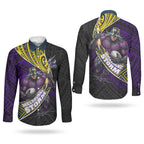 Melbourne Storm Rugby Couples Matching Off Shoulder Short Dress and Long Sleeve Button Shirt Tribal Polynesian Power Art - Lightning Mascot