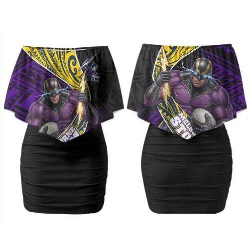 Melbourne Storm Rugby Couples Matching Off Shoulder Short Dress and Long Sleeve Button Shirt Tribal Polynesian Power Art - Lightning Mascot