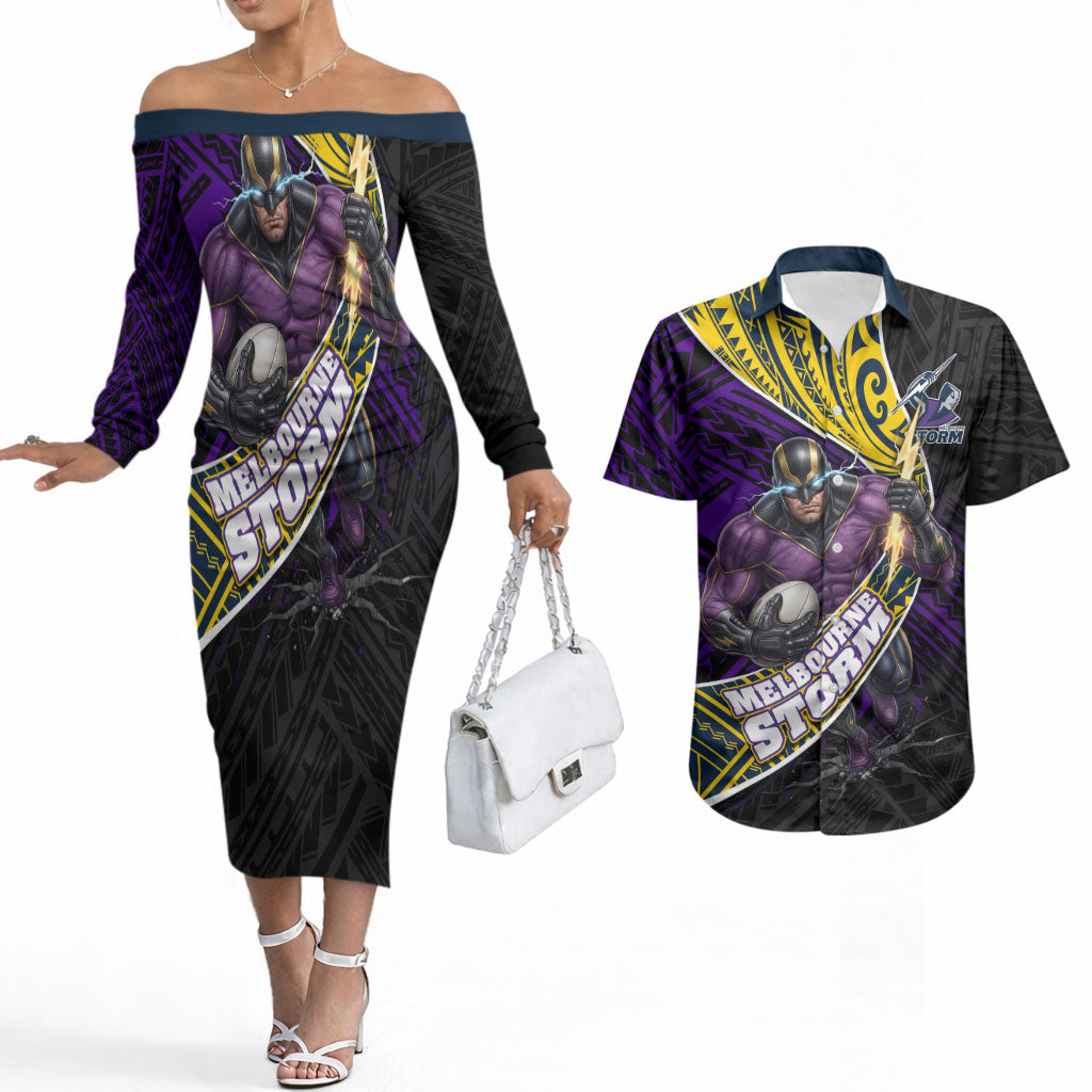Melbourne Storm Rugby Couples Matching Off The Shoulder Long Sleeve Dress and Hawaiian Shirt Tribal Polynesian Power Art - Lightning Mascot