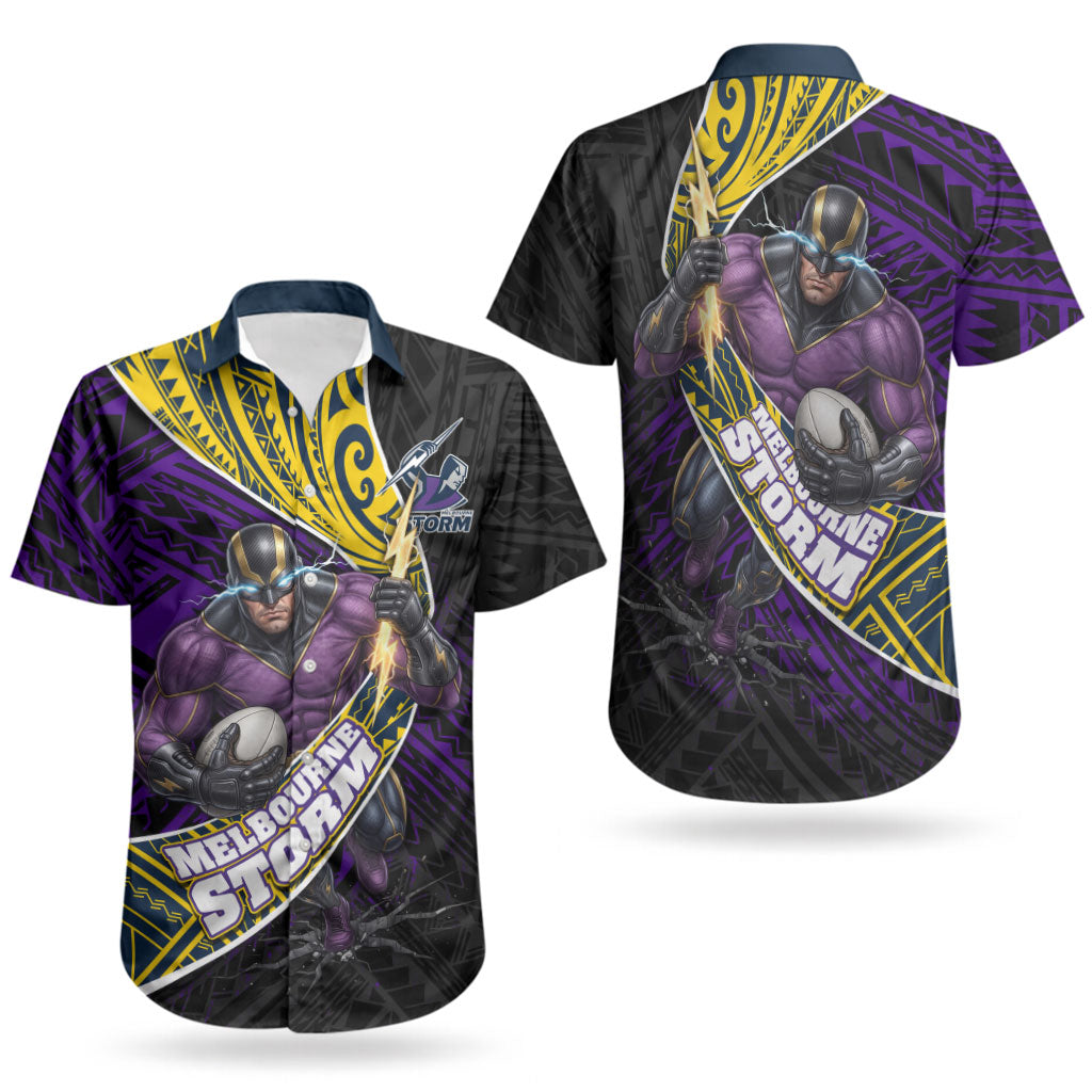 Melbourne Storm Rugby Couples Matching Off The Shoulder Long Sleeve Dress and Hawaiian Shirt Tribal Polynesian Power Art - Lightning Mascot