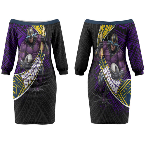 Melbourne Storm Rugby Couples Matching Off The Shoulder Long Sleeve Dress and Hawaiian Shirt Tribal Polynesian Power Art - Lightning Mascot