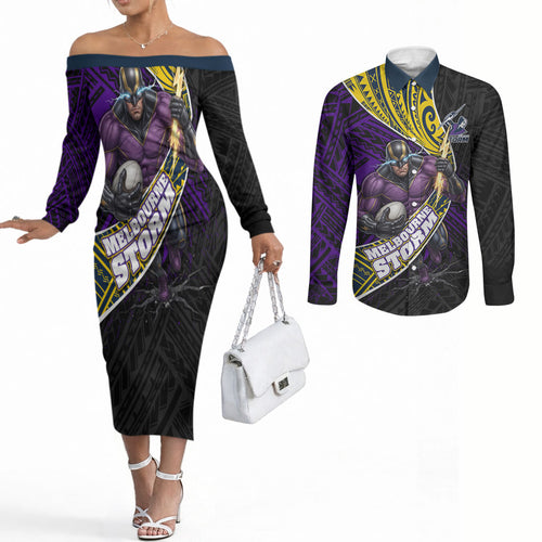 Melbourne Storm Rugby Couples Matching Off The Shoulder Long Sleeve Dress and Long Sleeve Button Shirt Tribal Polynesian Power Art - Lightning Mascot
