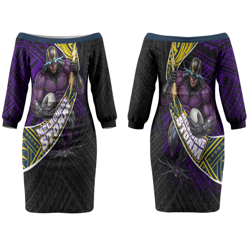 Melbourne Storm Rugby Couples Matching Off The Shoulder Long Sleeve Dress and Long Sleeve Button Shirt Tribal Polynesian Power Art - Lightning Mascot
