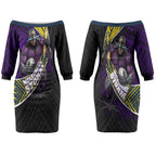 Melbourne Storm Rugby Couples Matching Off The Shoulder Long Sleeve Dress and Long Sleeve Button Shirt Tribal Polynesian Power Art - Lightning Mascot