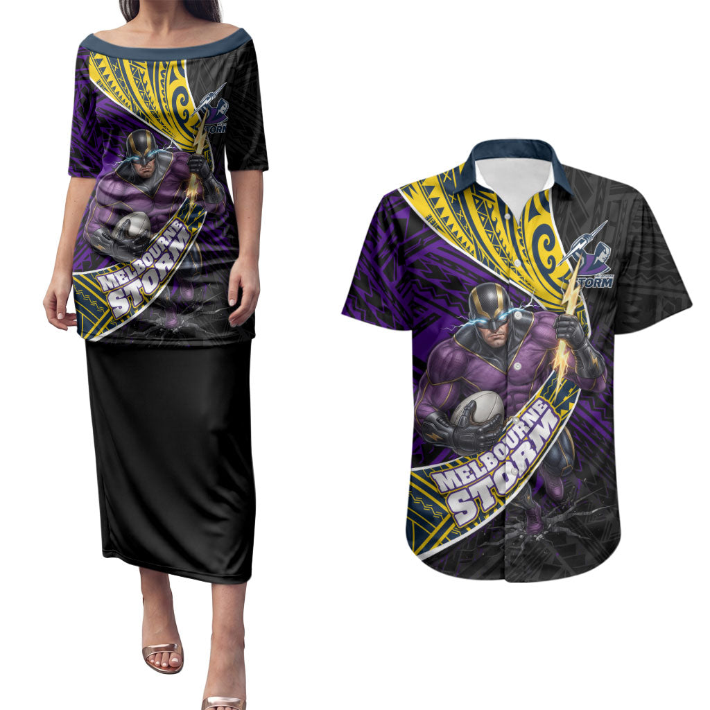 Melbourne Storm Rugby Couples Matching Puletasi and Hawaiian Shirt Tribal Polynesian Power Art - Lightning Mascot