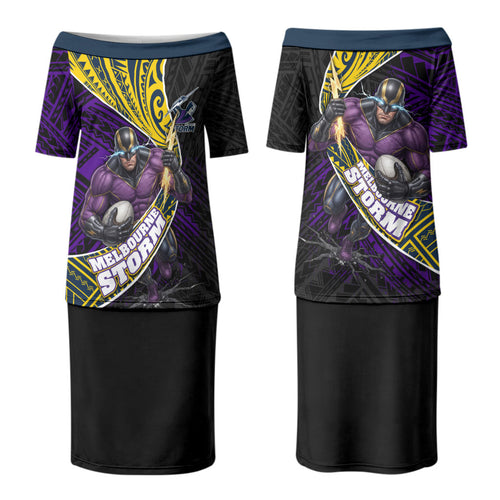 Melbourne Storm Rugby Couples Matching Puletasi and Hawaiian Shirt Tribal Polynesian Power Art - Lightning Mascot