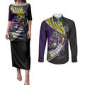 Melbourne Storm Rugby Couples Matching Puletasi and Long Sleeve Button Shirt Tribal Polynesian Power Art - Lightning Mascot