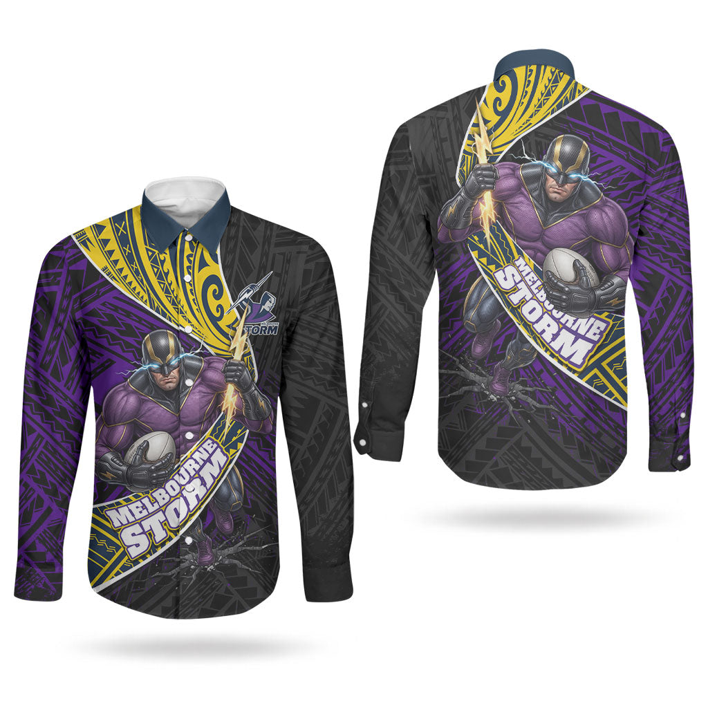 Melbourne Storm Rugby Couples Matching Puletasi and Long Sleeve Button Shirt Tribal Polynesian Power Art - Lightning Mascot