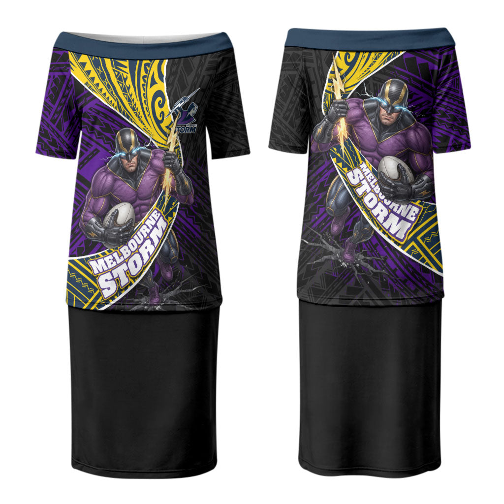 Melbourne Storm Rugby Couples Matching Puletasi and Long Sleeve Button Shirt Tribal Polynesian Power Art - Lightning Mascot