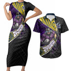 Melbourne Storm Rugby Couples Matching Short Sleeve Bodycon Dress and Hawaiian Shirt Tribal Polynesian Power Art - Lightning Mascot