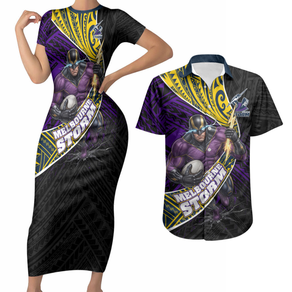 Melbourne Storm Rugby Couples Matching Short Sleeve Bodycon Dress and Hawaiian Shirt Tribal Polynesian Power Art - Lightning Mascot