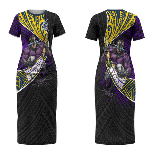 Melbourne Storm Rugby Couples Matching Short Sleeve Bodycon Dress and Hawaiian Shirt Tribal Polynesian Power Art - Lightning Mascot