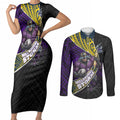 Melbourne Storm Rugby Couples Matching Short Sleeve Bodycon Dress and Long Sleeve Button Shirt Tribal Polynesian Power Art - Lightning Mascot