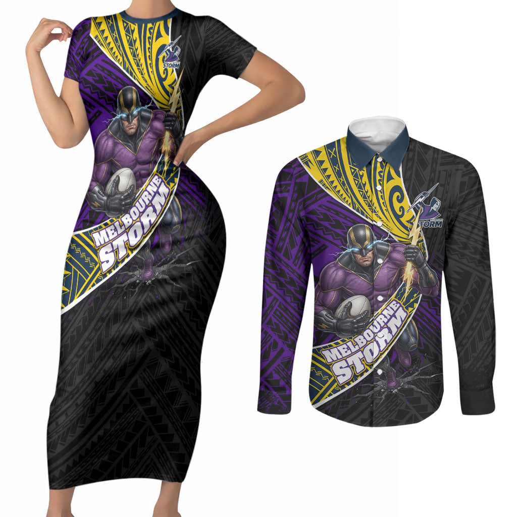 Melbourne Storm Rugby Couples Matching Short Sleeve Bodycon Dress and Long Sleeve Button Shirt Tribal Polynesian Power Art - Lightning Mascot