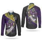 Melbourne Storm Rugby Couples Matching Short Sleeve Bodycon Dress and Long Sleeve Button Shirt Tribal Polynesian Power Art - Lightning Mascot