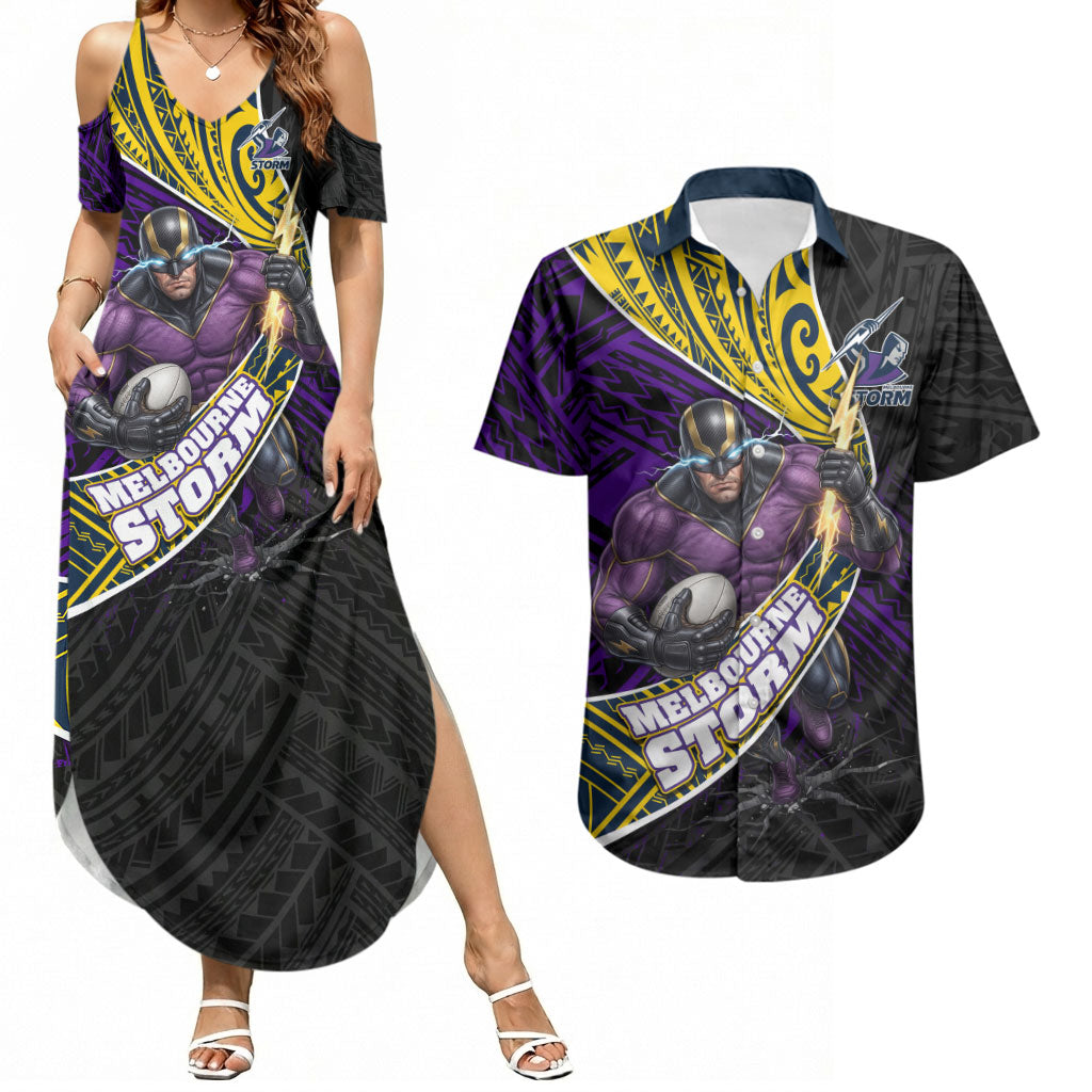 Melbourne Storm Rugby Couples Matching Summer Maxi Dress and Hawaiian Shirt Tribal Polynesian Power Art - Lightning Mascot