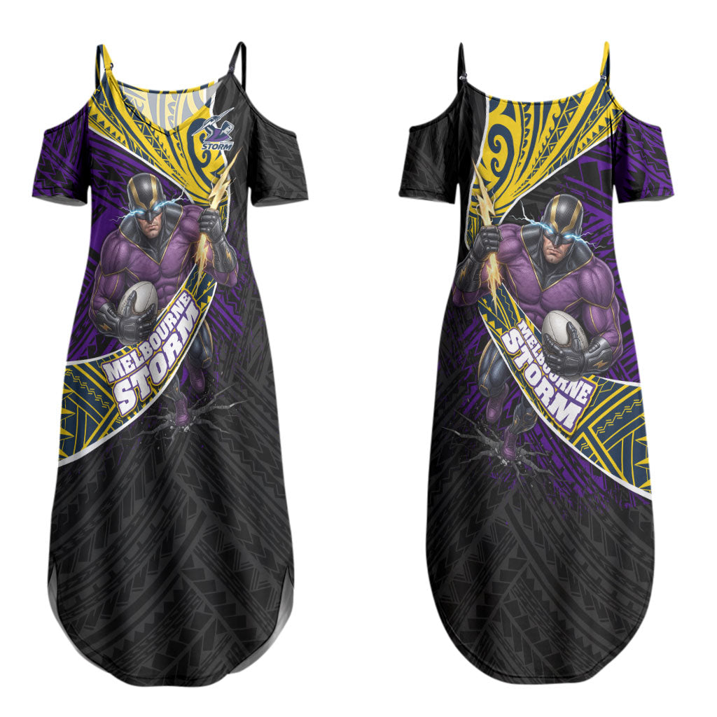 Melbourne Storm Rugby Couples Matching Summer Maxi Dress and Hawaiian Shirt Tribal Polynesian Power Art - Lightning Mascot