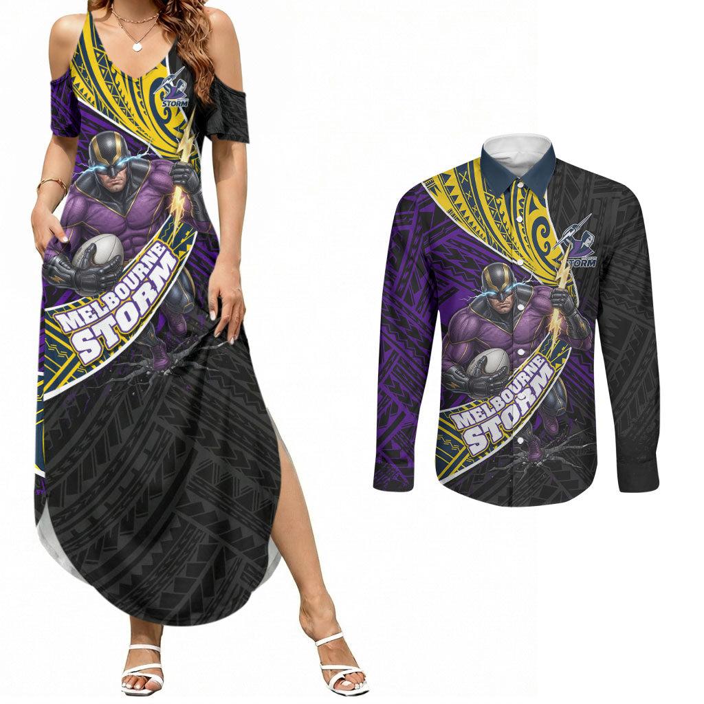 Melbourne Storm Rugby Couples Matching Summer Maxi Dress and Long Sleeve Button Shirt Tribal Polynesian Power Art - Lightning Mascot