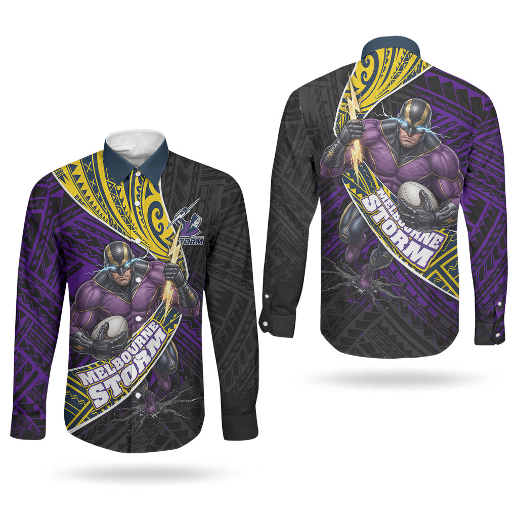 Melbourne Storm Rugby Couples Matching Summer Maxi Dress and Long Sleeve Button Shirt Tribal Polynesian Power Art - Lightning Mascot