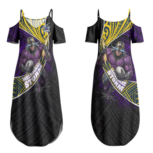 Melbourne Storm Rugby Couples Matching Summer Maxi Dress and Long Sleeve Button Shirt Tribal Polynesian Power Art - Lightning Mascot