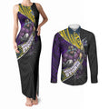 Melbourne Storm Rugby Couples Matching Tank Maxi Dress and Long Sleeve Button Shirt Tribal Polynesian Power Art - Lightning Mascot