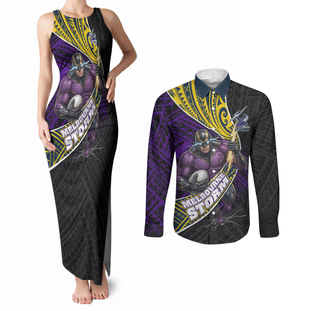 Melbourne Storm Rugby Couples Matching Tank Maxi Dress and Long Sleeve Button Shirt Tribal Polynesian Power Art - Lightning Mascot