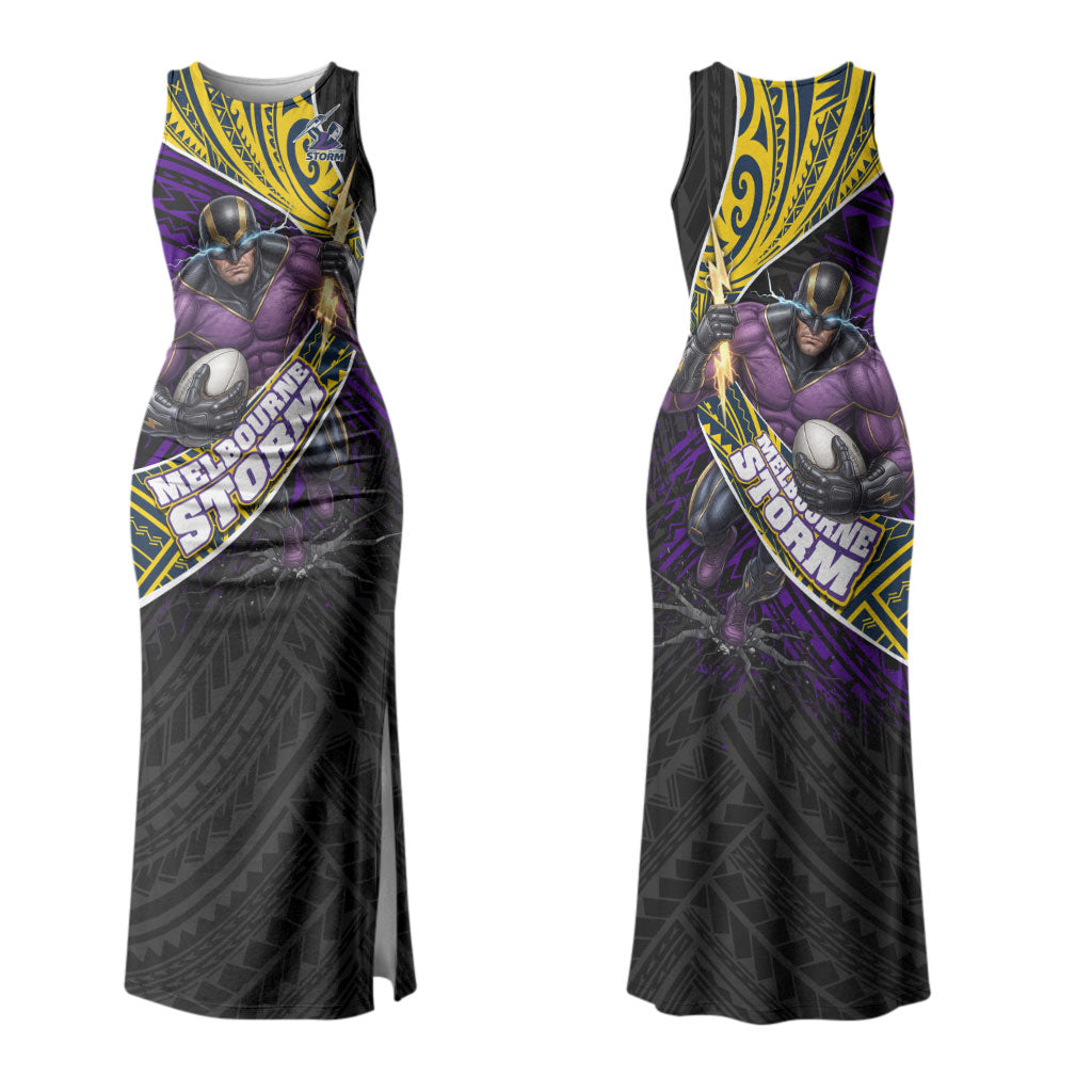 Melbourne Storm Rugby Couples Matching Tank Maxi Dress and Long Sleeve Button Shirt Tribal Polynesian Power Art - Lightning Mascot