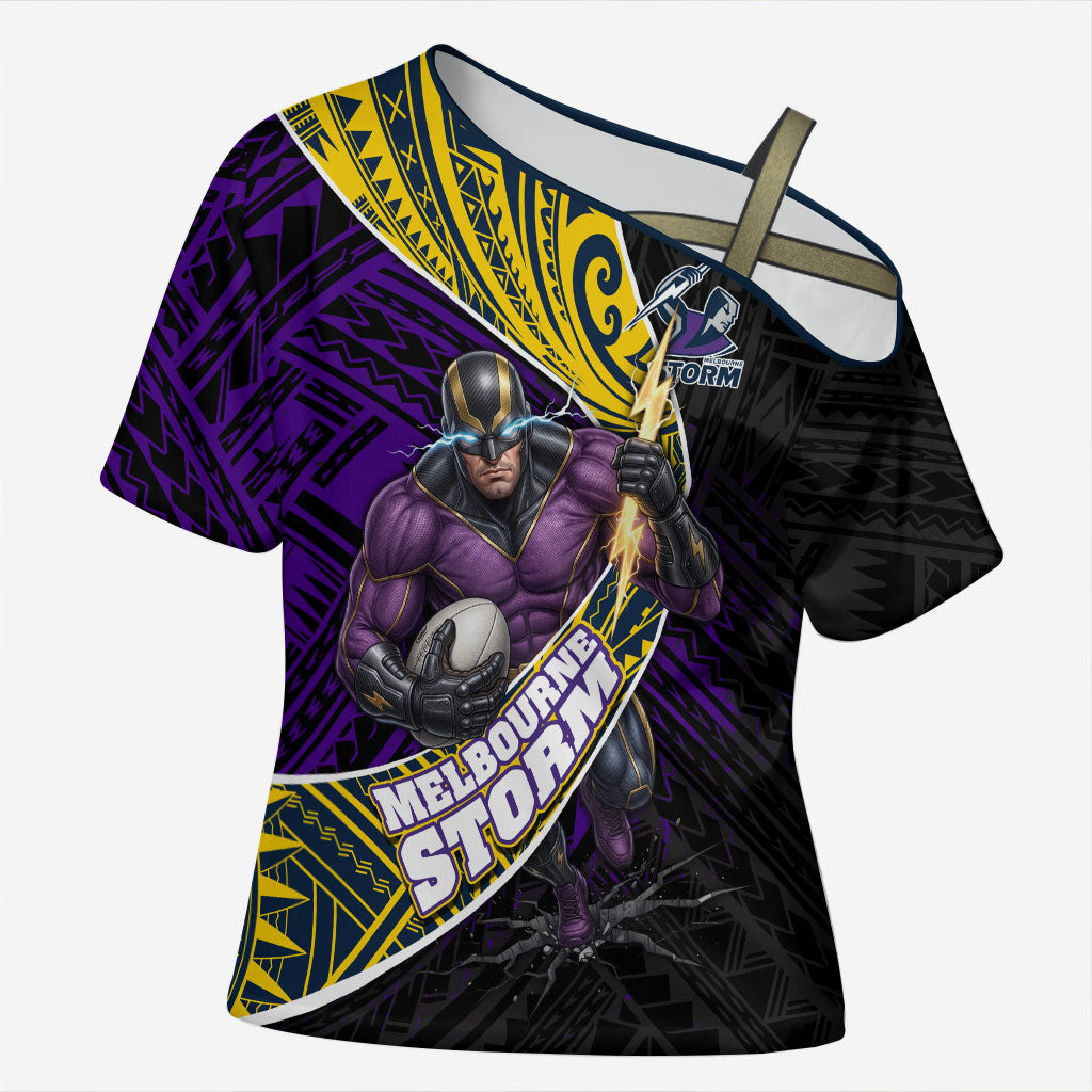 Melbourne Storm Rugby Cross Shoulder Shirt Tribal Polynesian Power Art - Lightning Mascot