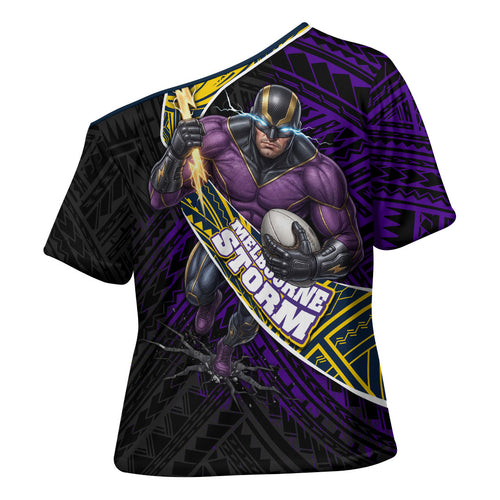 Melbourne Storm Rugby Cross Shoulder Shirt Tribal Polynesian Power Art - Lightning Mascot