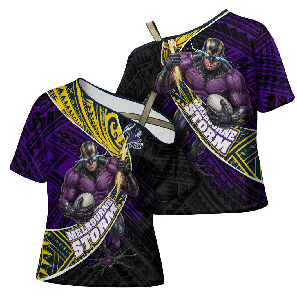 Melbourne Storm Rugby Cross Shoulder Shirt Tribal Polynesian Power Art - Lightning Mascot