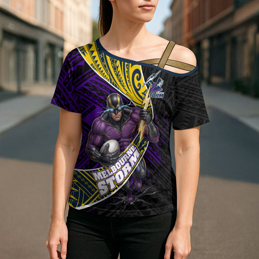Melbourne Storm Rugby Cross Shoulder Shirt Tribal Polynesian Power Art - Lightning Mascot