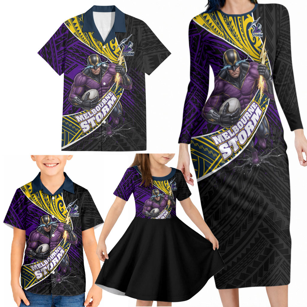Melbourne Storm Rugby Family Matching Long Sleeve Bodycon Dress and Hawaiian Shirt Tribal Polynesian Power Art - Lightning Mascot