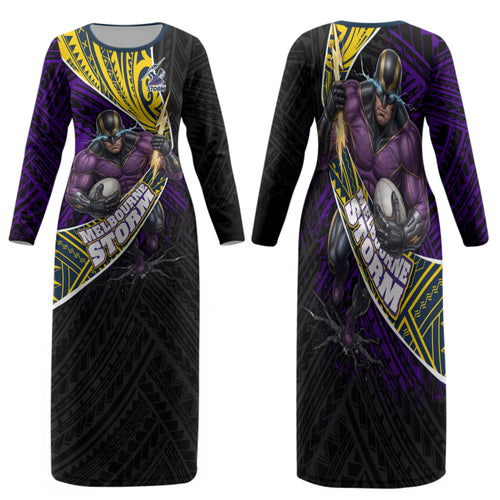 Melbourne Storm Rugby Family Matching Long Sleeve Bodycon Dress and Hawaiian Shirt Tribal Polynesian Power Art - Lightning Mascot