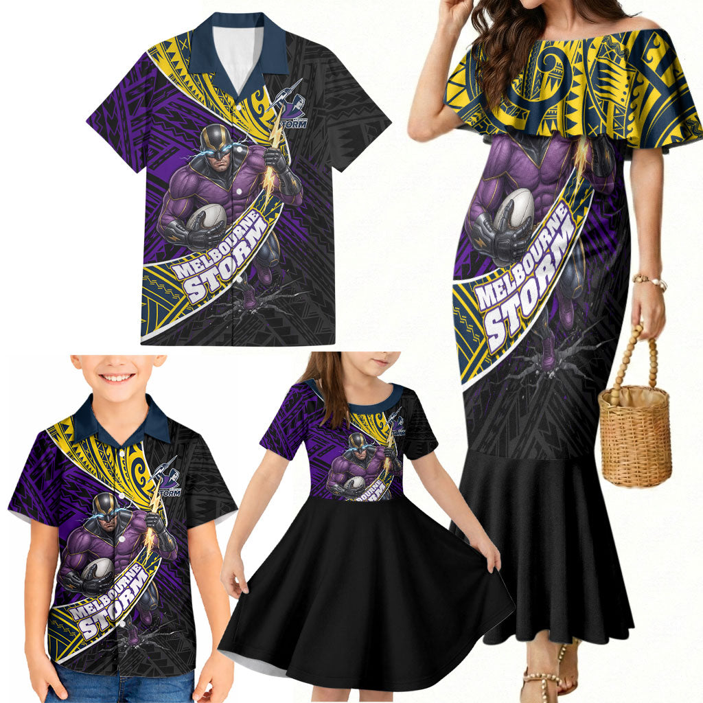 Melbourne Storm Rugby Family Matching Mermaid Dress and Hawaiian Shirt Tribal Polynesian Power Art - Lightning Mascot