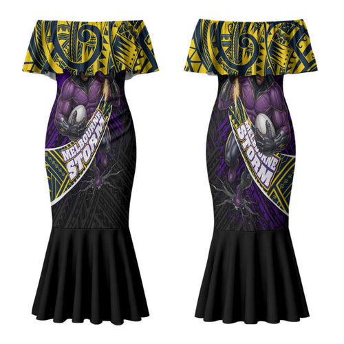 Melbourne Storm Rugby Family Matching Mermaid Dress and Hawaiian Shirt Tribal Polynesian Power Art - Lightning Mascot