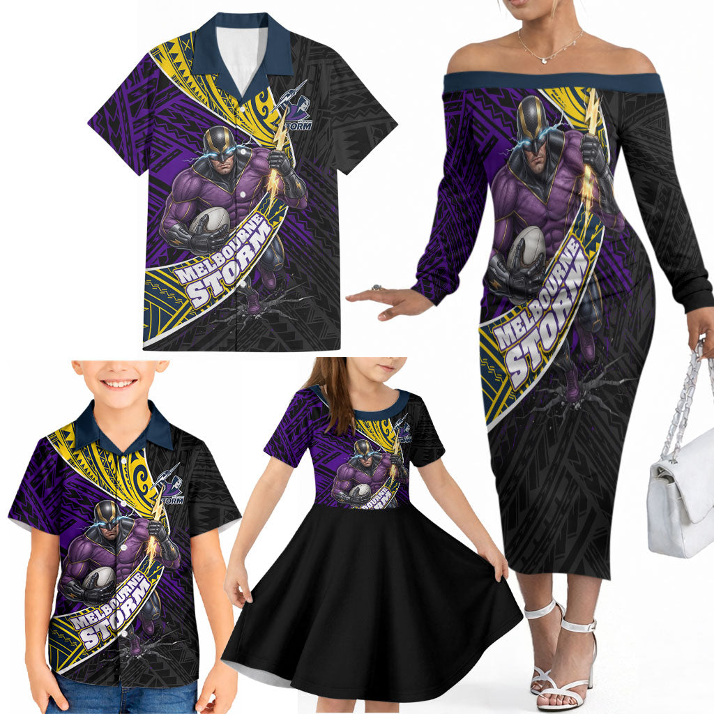 Melbourne Storm Rugby Family Matching Off The Shoulder Long Sleeve Dress and Hawaiian Shirt Tribal Polynesian Power Art - Lightning Mascot