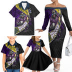 Melbourne Storm Rugby Family Matching Off The Shoulder Long Sleeve Dress and Hawaiian Shirt Tribal Polynesian Power Art - Lightning Mascot