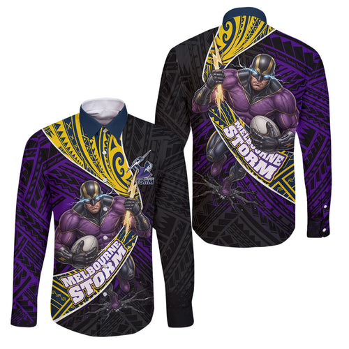 Melbourne Storm Rugby Family Matching Off The Shoulder Long Sleeve Dress and Hawaiian Shirt Tribal Polynesian Power Art - Lightning Mascot