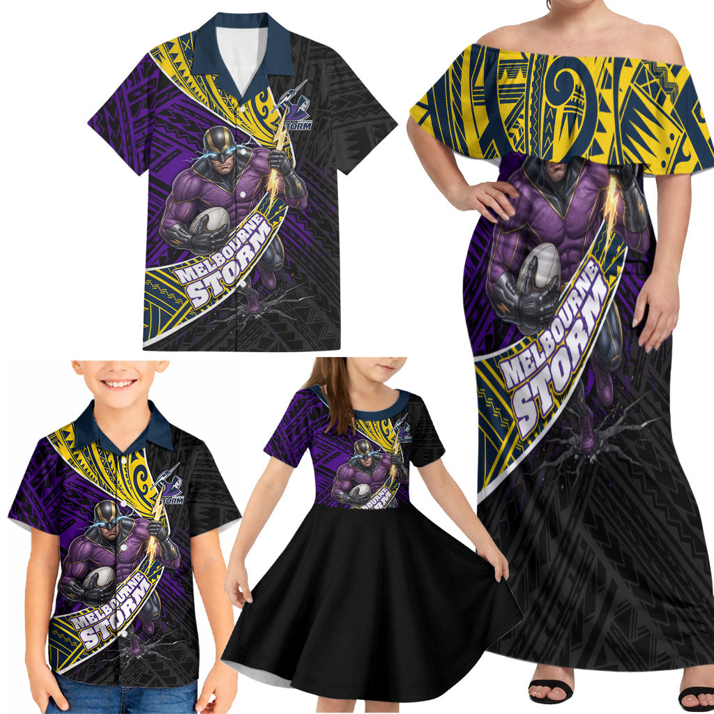 Melbourne Storm Rugby Family Matching Off Shoulder Maxi Dress and Hawaiian Shirt Tribal Polynesian Power Art - Lightning Mascot