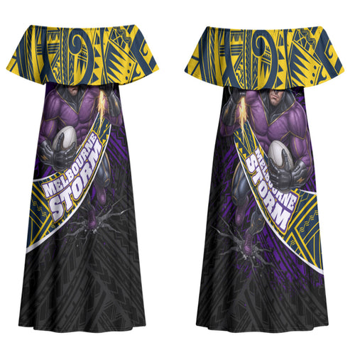 Melbourne Storm Rugby Family Matching Off Shoulder Maxi Dress and Hawaiian Shirt Tribal Polynesian Power Art - Lightning Mascot