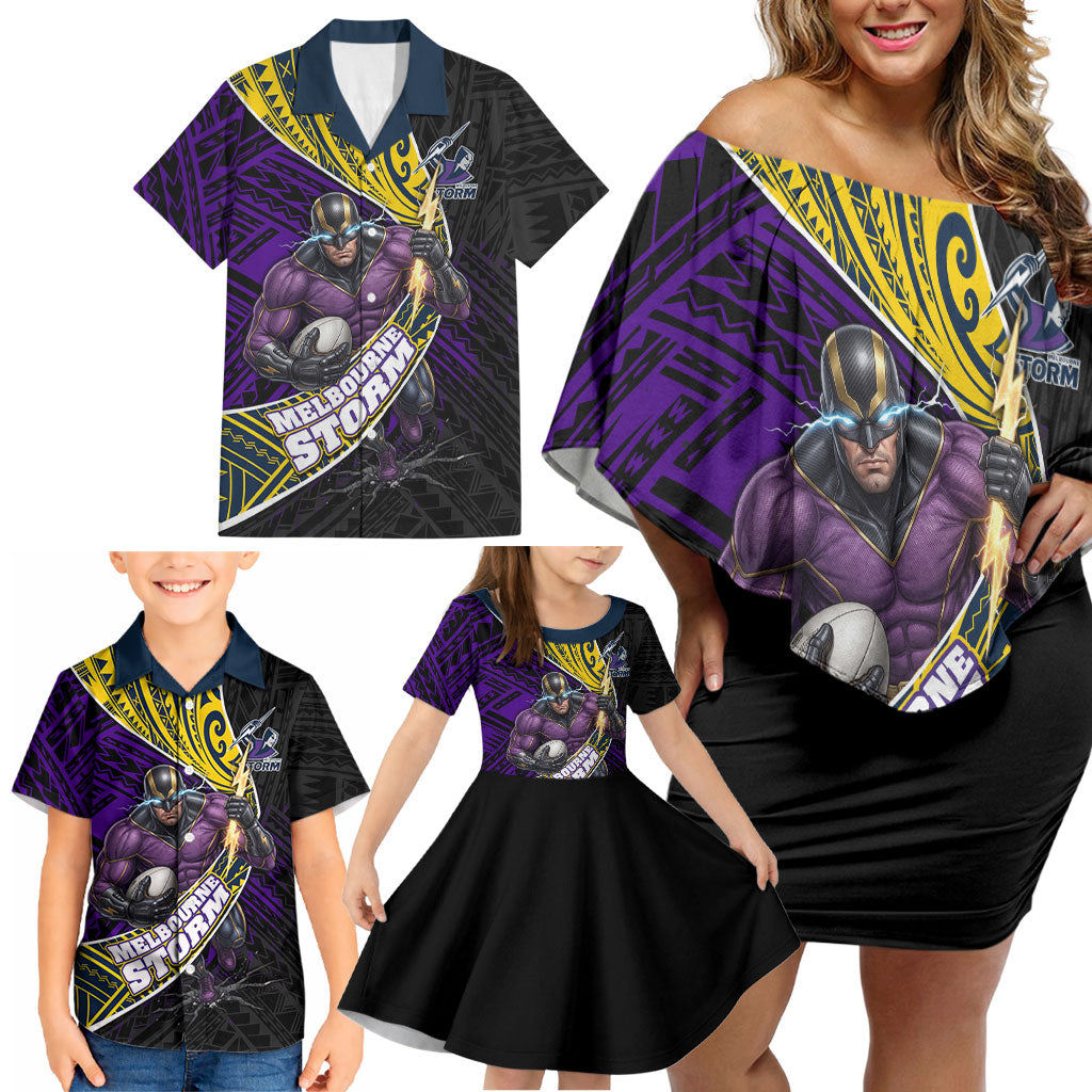 Melbourne Storm Rugby Family Matching Off Shoulder Short Dress and Hawaiian Shirt Tribal Polynesian Power Art - Lightning Mascot