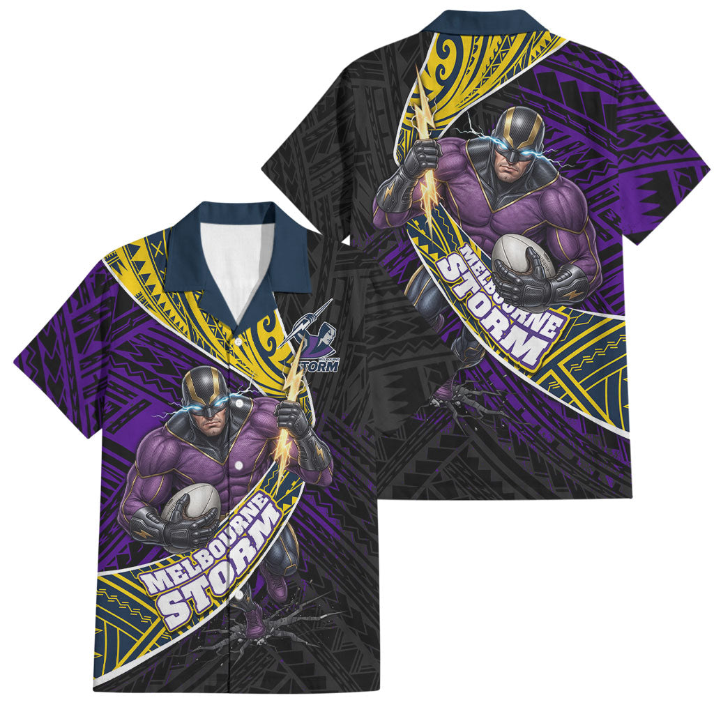 Melbourne Storm Rugby Family Matching Off Shoulder Short Dress and Hawaiian Shirt Tribal Polynesian Power Art - Lightning Mascot